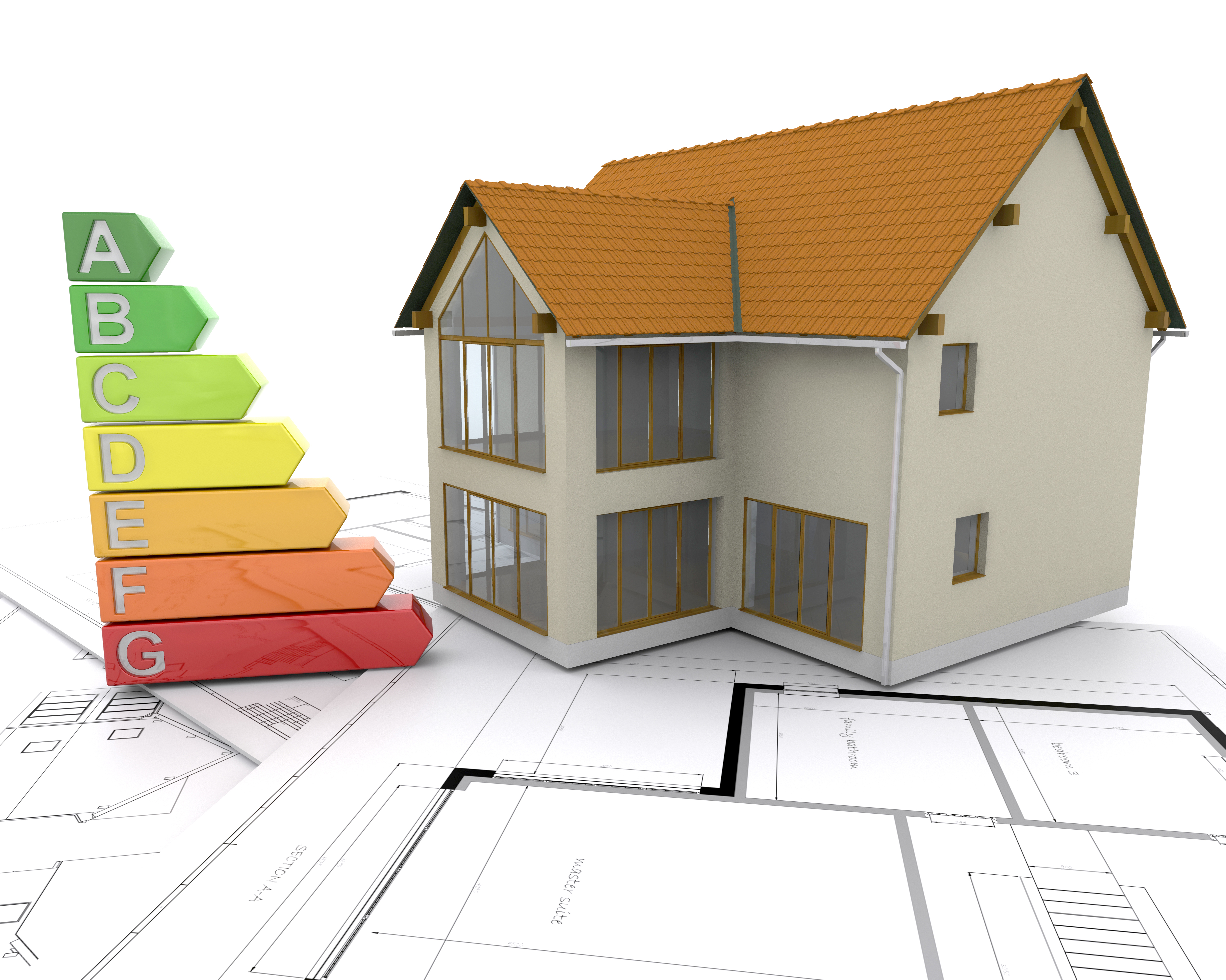 Une maquette de maison se tient sur des plans architecturaux avec une échelle d'efficacité énergétique allant de A à G, symbolisant l'importance de la construction durable.