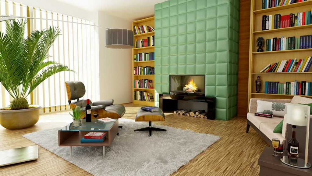 Un salon chaleureux avec des plantes, une cheminée et une grande bibliothèque, invitant à la détente et à la lecture.