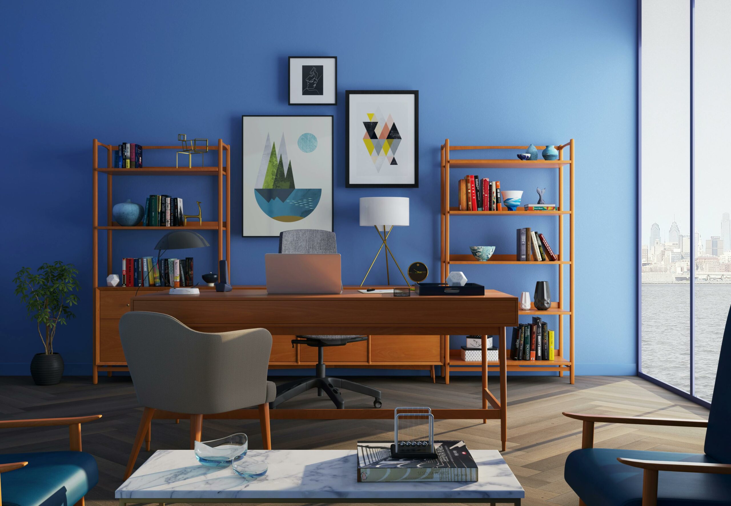 Un bureau élégant avec des étagères en bois, décoré de cadres et de livres, et une chaise confortable, évoquant un espace de travail intérieur moderne et organisé.