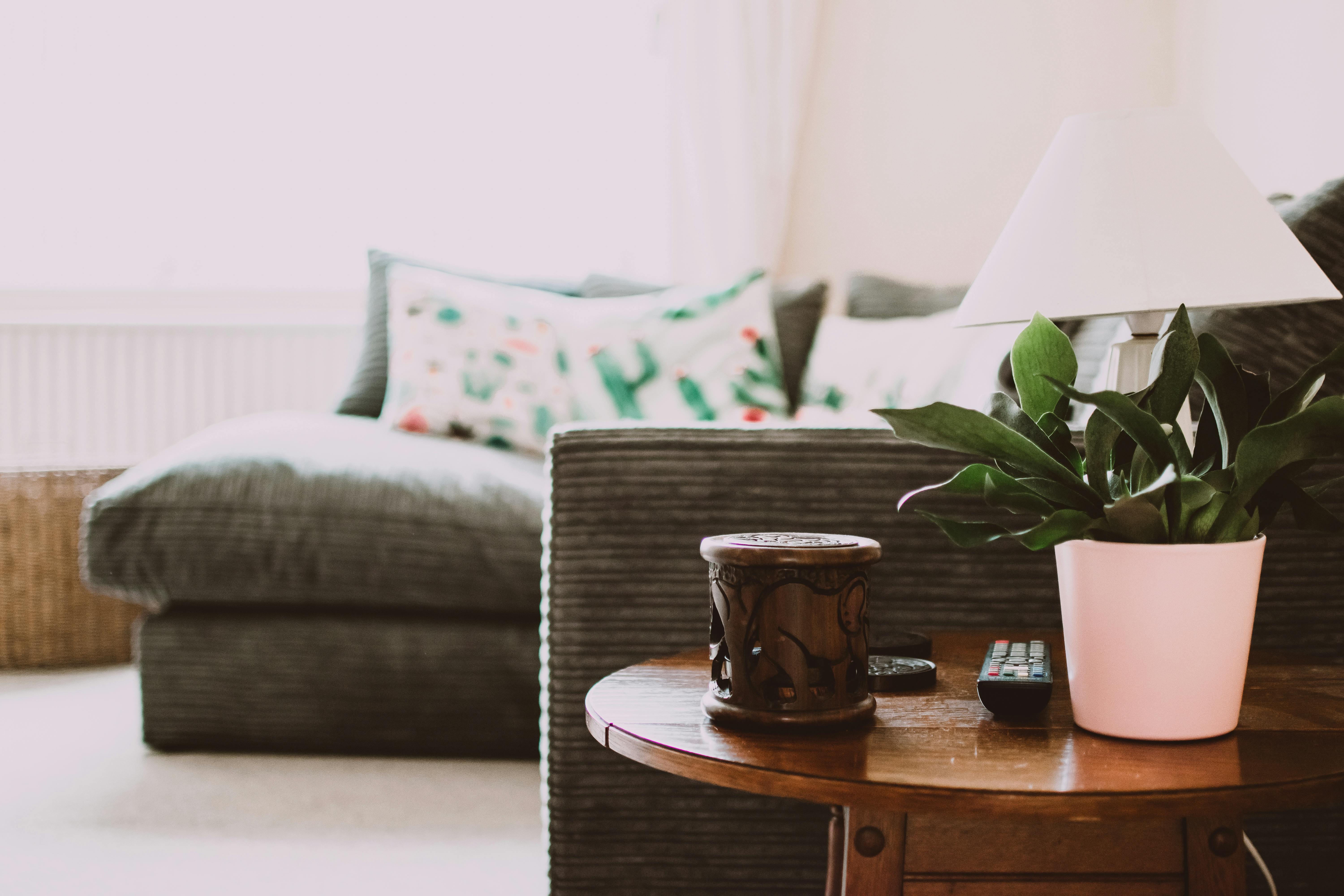 Un salon cosy avec un canapé, une table ronde avec une lampe et une plante, évoquant une atmosphère détendue et chaleureuse.