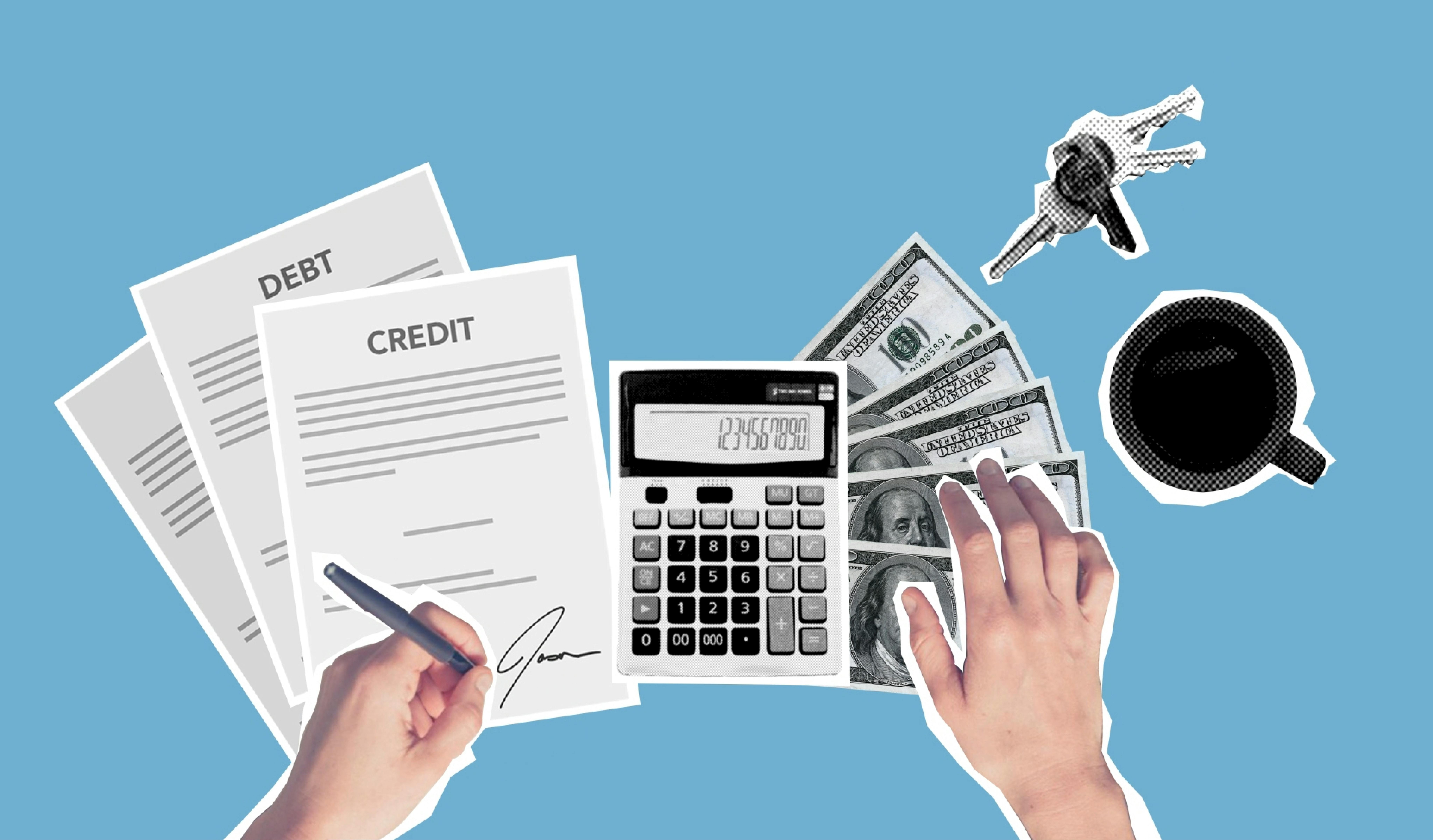 Un montage visuel sur le thème financier avec des documents, de l'argent, une tasse de café et des clés, symbolisant la gestion des finances personnelles.