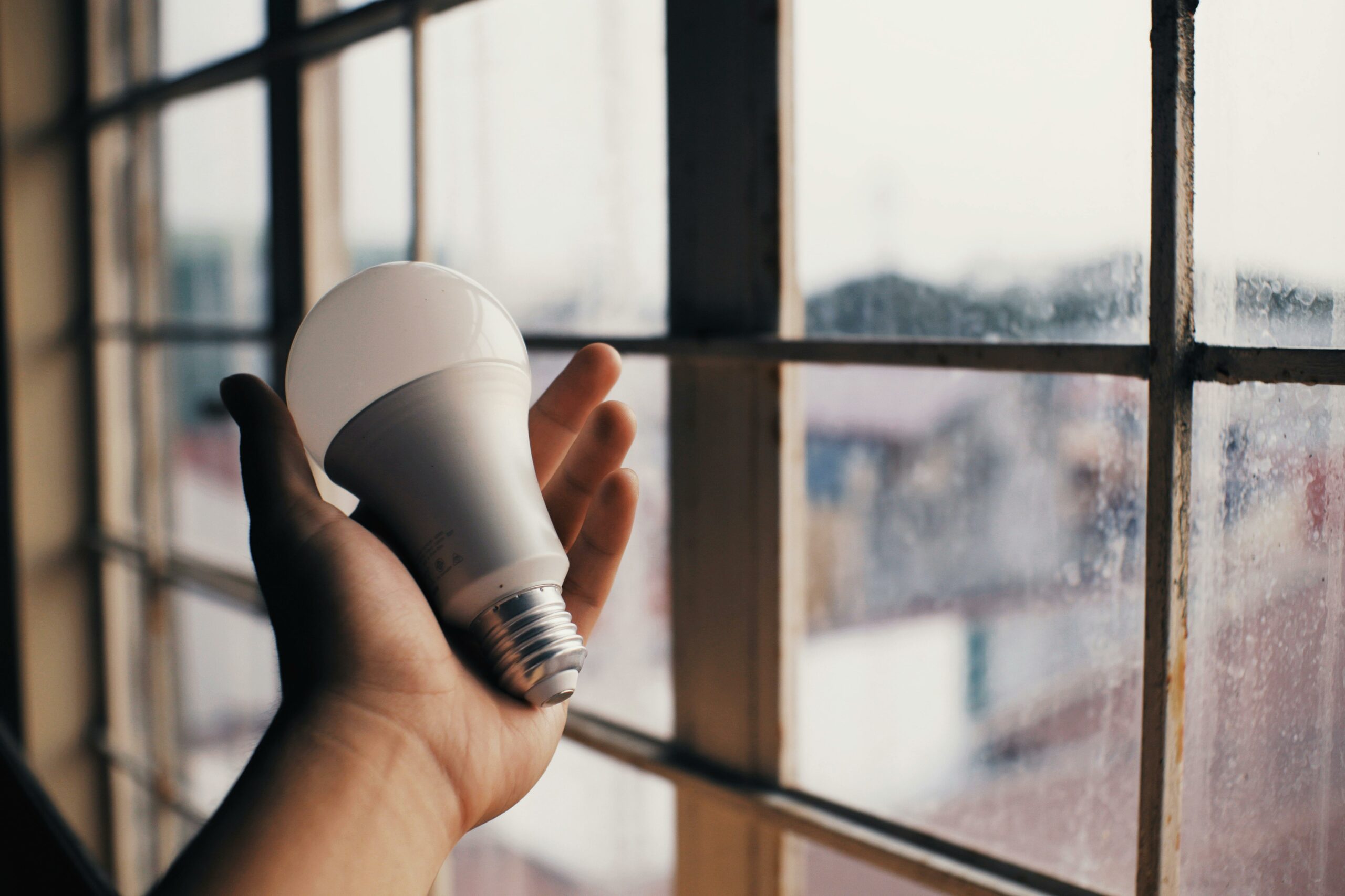 Une main tenant une ampoule devant une fenêtre, symbolisant peut-être une idée, une solution énergétique ou un concept écologique.